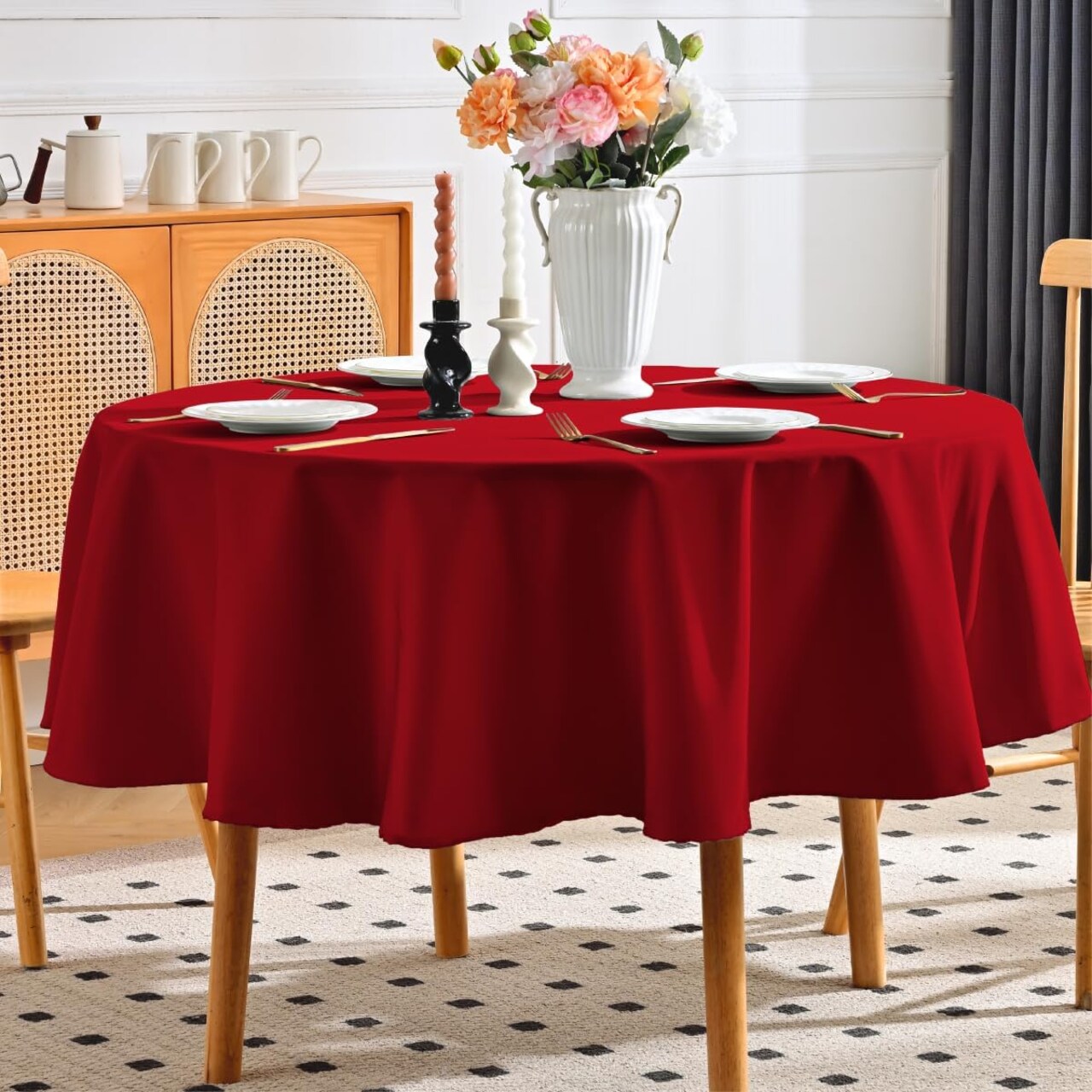 Christmas Round Tablecloth Water and Stain Resistant Washable Table Cloth Selected Wrinkle Free Polyester Circular Table Cover for Dining, Parties, Camping (60 Inch, Red)